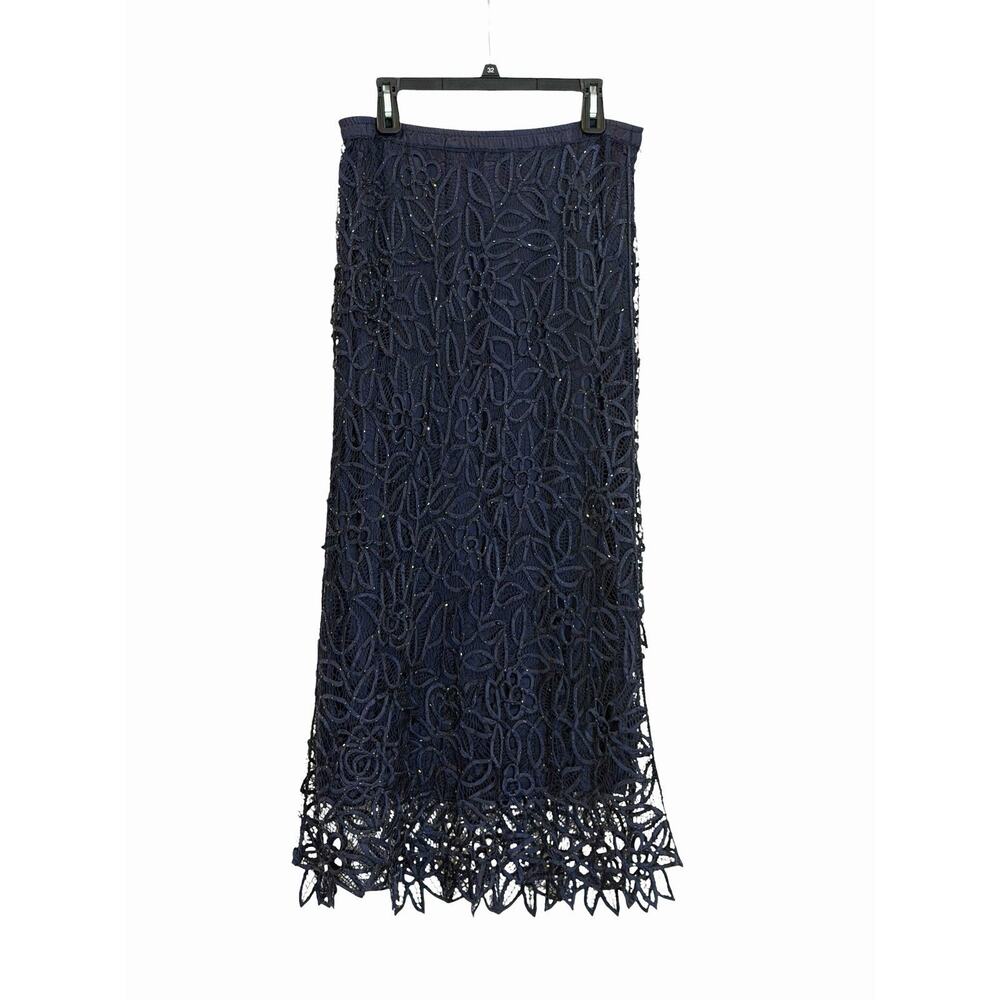 Soulmates Navy Blue Lace Sequins Maxi Skirt Elastic Waist Lined 100% Silk SZ XL
